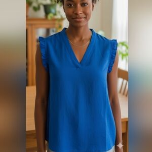 New York & Company Blue Ruffled Sleeve Blouse